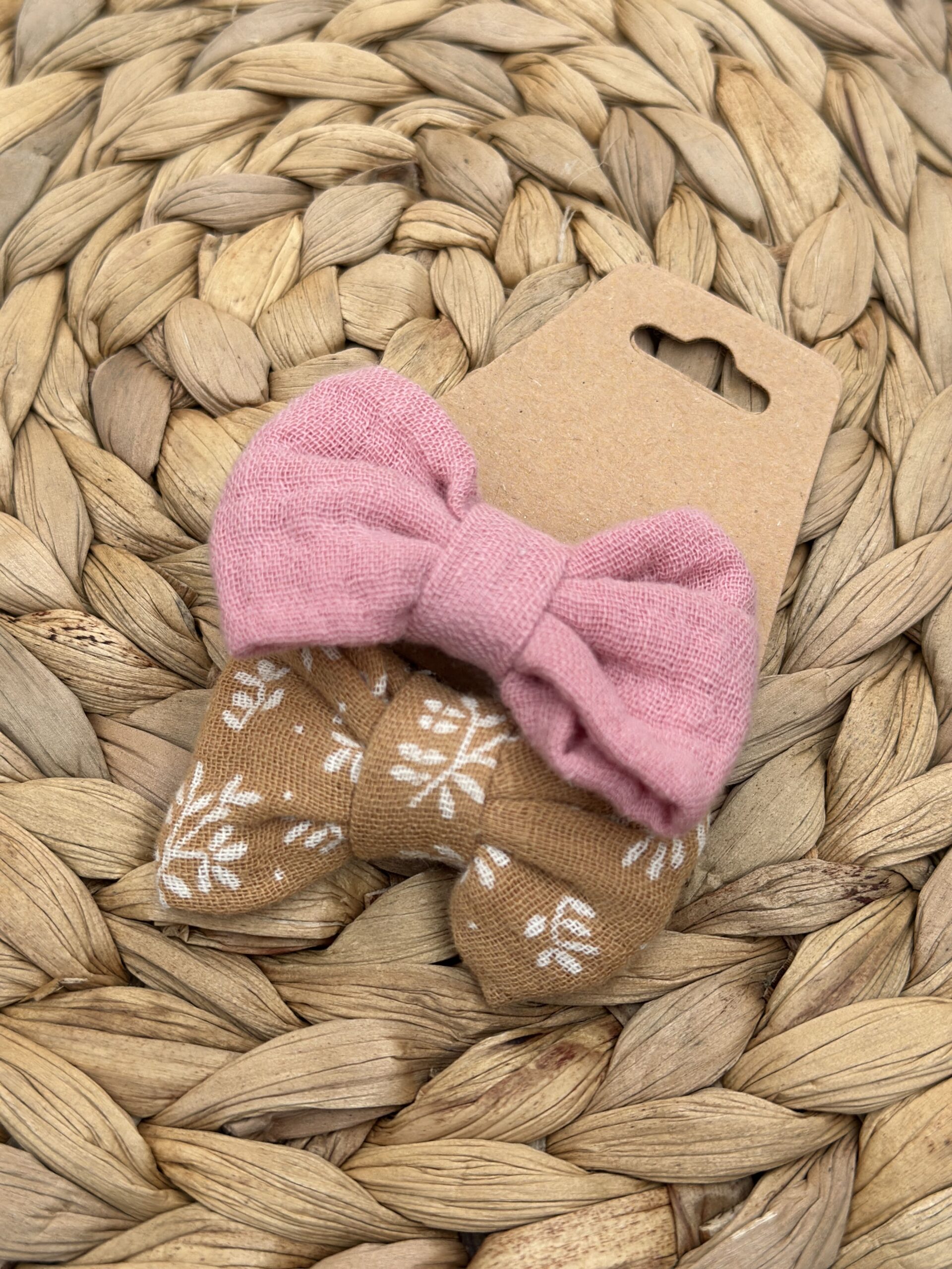 Chouchou enfant (lot de 2) - Vieux rose + imprimé feuillage camel