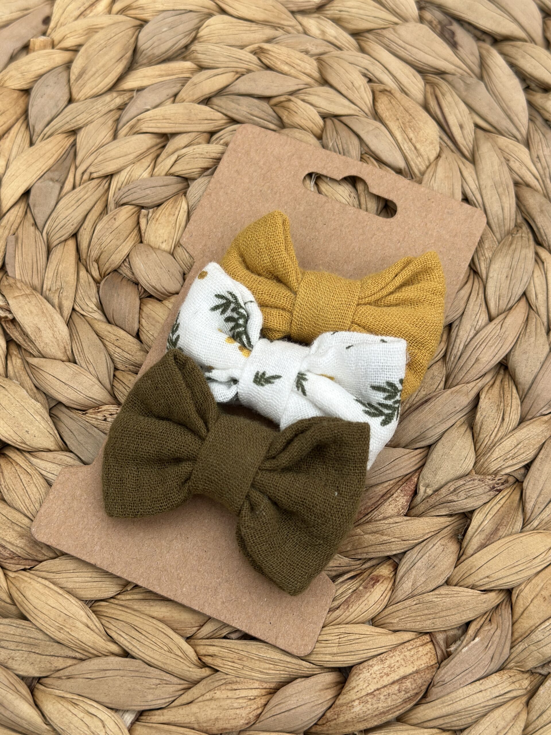 Barrette enfant (lot de 3) - Jaune moutarde + Kaki + Imprimé mimosa