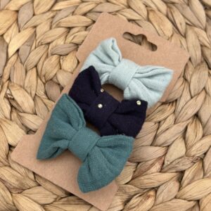 Barrette enfant (lot de 3) - Bleu pastel + Bleu émeraude + Bleu marine pois dorés