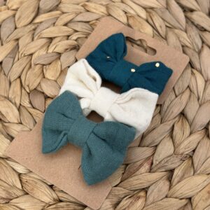 Barrette enfant (lot de 3) - Ecru + Bleu émeraude + Bleu canard pois dorés