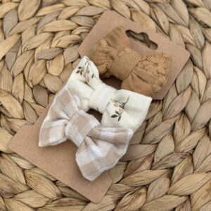 Barrette enfant (lot de 3) - Vichy beige + Camel fleurs brodées + Imprimé feuillage écru