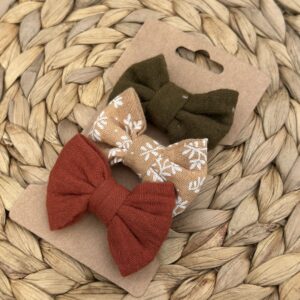 Barrette enfant (lot de 3) - Rouille + Kaki pois dorés + Imprimé feuillage camel