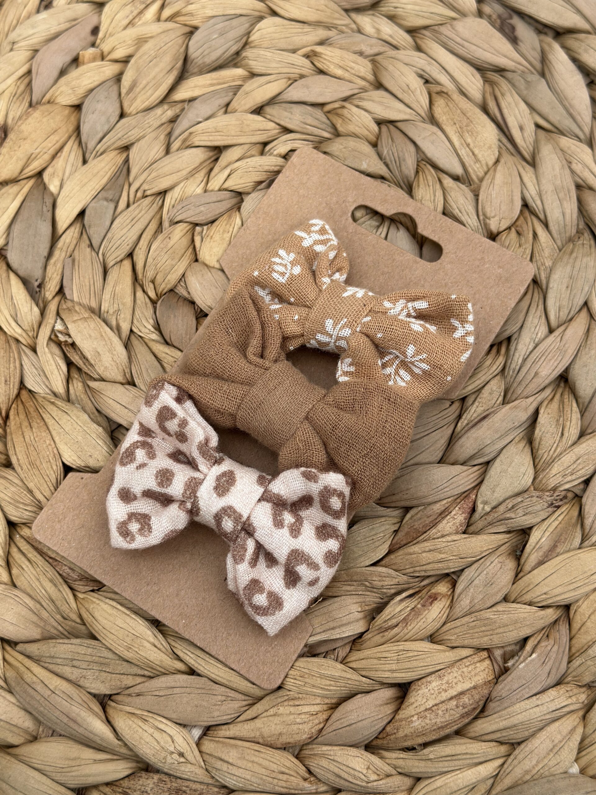 Barrette enfant (lot de 3) - Camel + Léopard + Imprimé feuillage camel