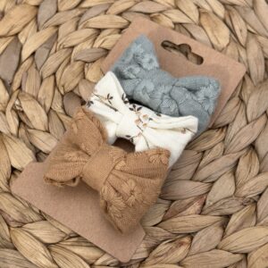 Barrette enfant (lot de 3) - Vert d'eau & Camel fleurs brodées + Imprimé feuillage écru