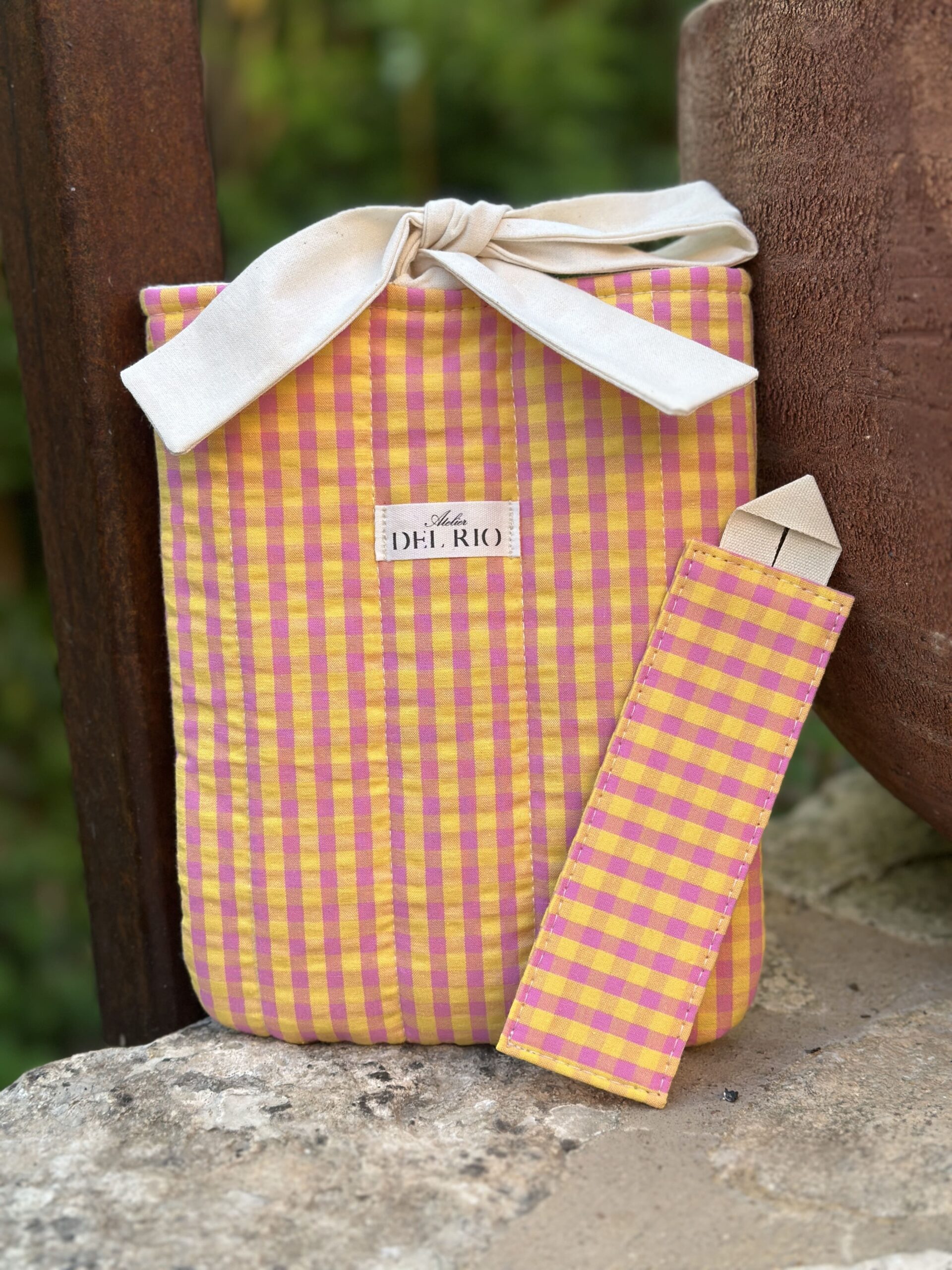 Pochette pour livre - Vichy rose et jaune - Marque page vichy