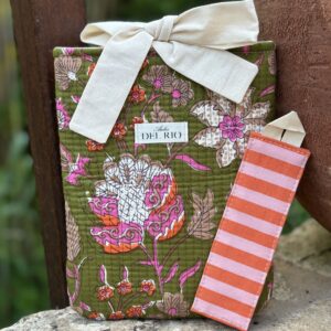 Pochette pour livre - Imprimé indien vert - Marque page rayé