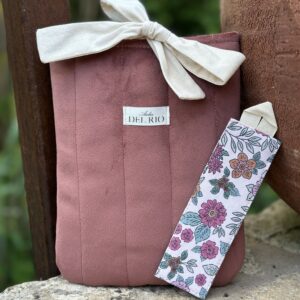 Pochette pour livre - Velours lisse vieux rose - Marque page fleuri